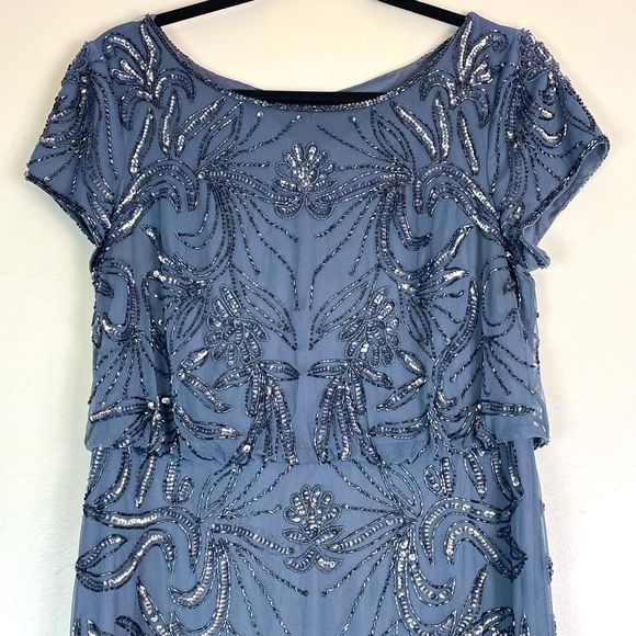 ADRIANNA PAPELL Womens Sequined Long Evening Gown Navy Size 12 | Short Sleeve - Picture 3 of 12